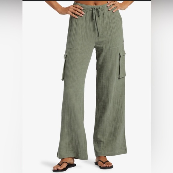 Roxy Green Wide Leg Pants with Relaxed Fit 100% cotton - Picture 1 of 14